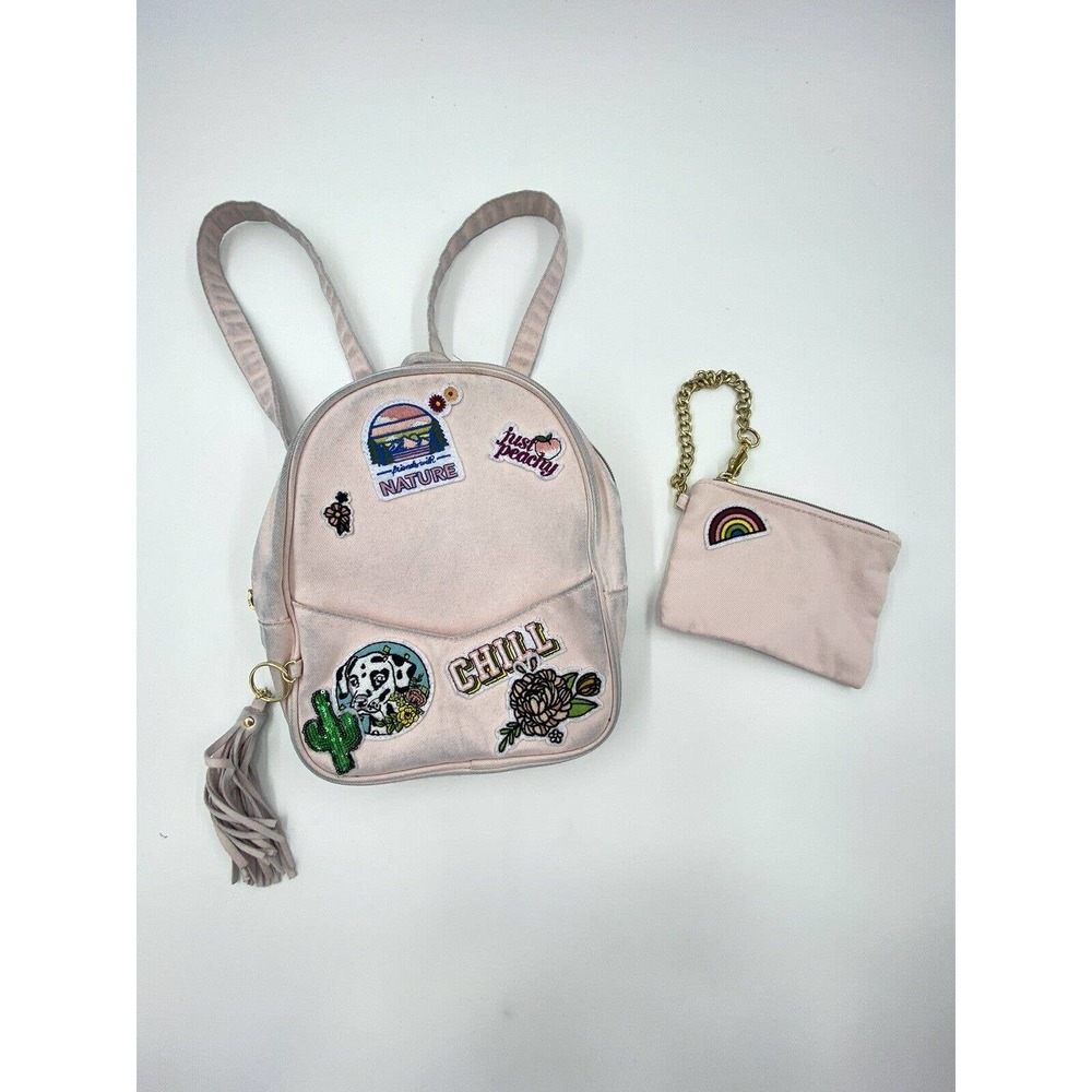 Justice‎ Travel Light Pink Mini Backpack Purse w/ Patches Design and Wristlet